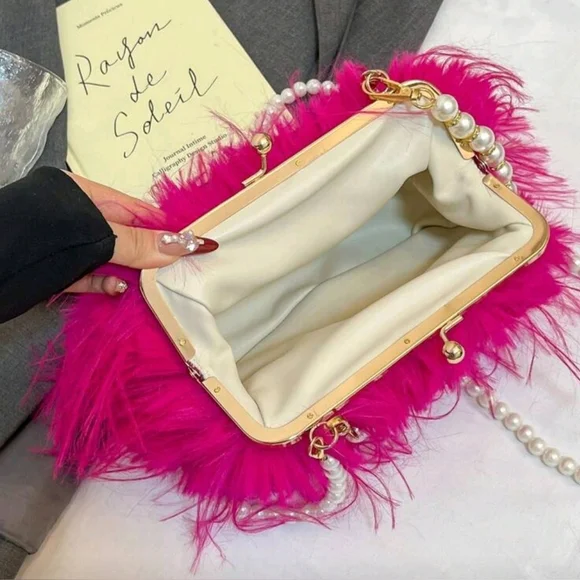NWT Hot Pink Super Fluffy Faux Fur Double Pearl Chain Cross Body Clutch Handbag - Picture 9 of 11